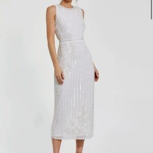 Mac Duggal White Striped Floral Embellished Sleeveless Midi Dress 70260 - Flaws